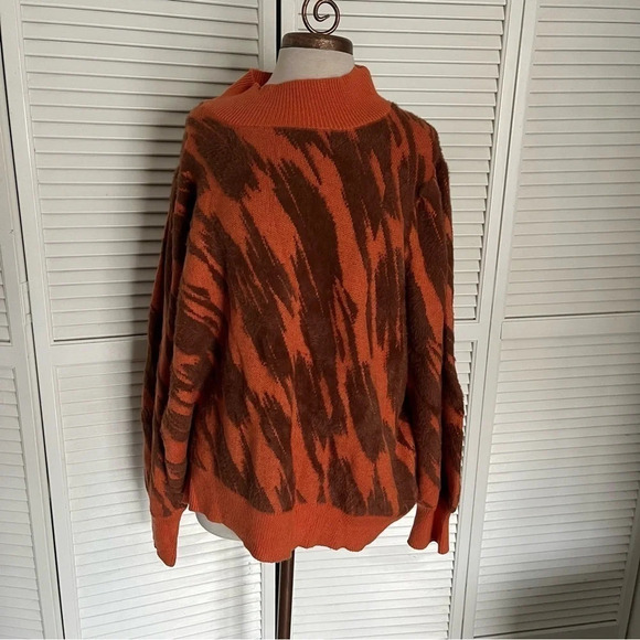 ELOQUI Intarsia Mock Neck Sweater orange brown  puff sleeve 26 / 28 - Picture 2 of 13